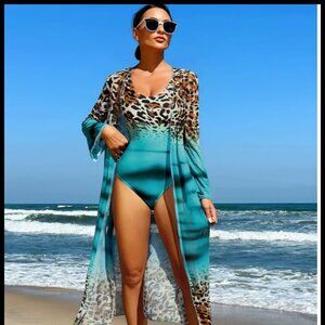 Ombre Leopard swimsuit with coverup kimono
